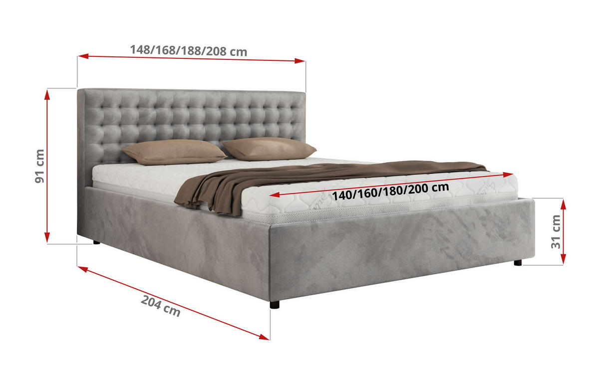 POLSTERBETT PAVO CLASSIC 200/200 - Hellgrau Velvet - Multipocket-Matratze - Hellgrau, Textil (200/200cm) - MKS