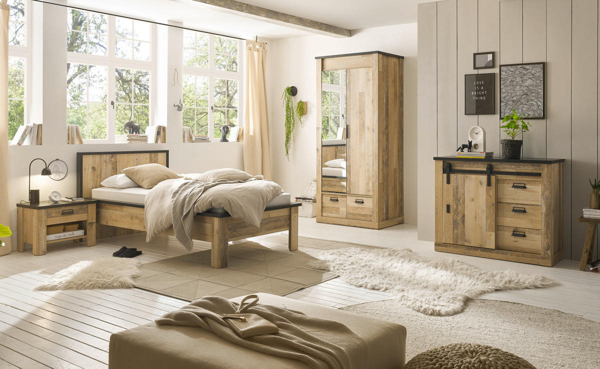 KLEIDERSCHRANK Used Wood hell, dunkles Grau 93 x 209 cm, Drehtürenschrank 2-türig mit Spiegel - Dunkelgrau/Schwarz, Glas/Holzwerkstoff (93/209/63cm) - Furn.Design