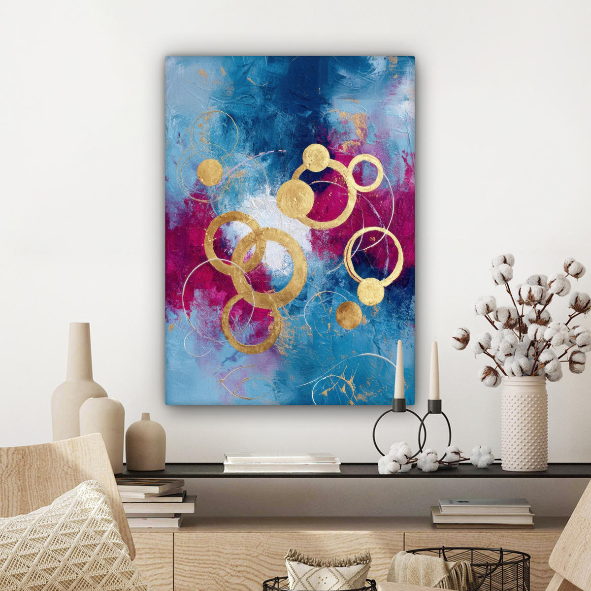 LEINWANDBILD Kreise - Gold - Abstrakt Wandbild Wohnzimmer 60x80 cm - Blau, Textil (60/80cm) - MuchoWow