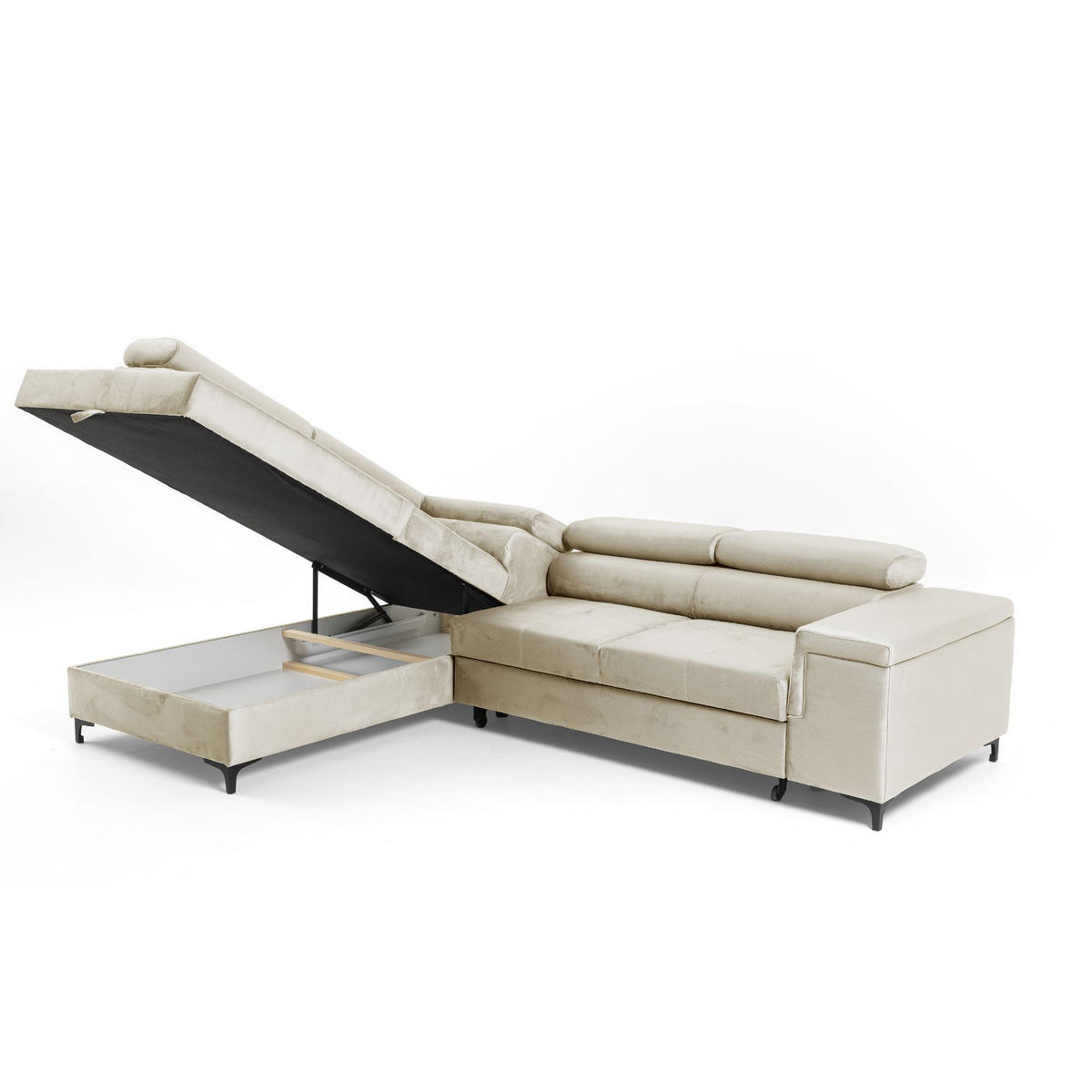 ECKSOFA WILLIAM L Links mit Schlaffunktion 127x195 Velours Beige - Beige/Silberfarben, Holz/Textil (275/203cm) - Muffo