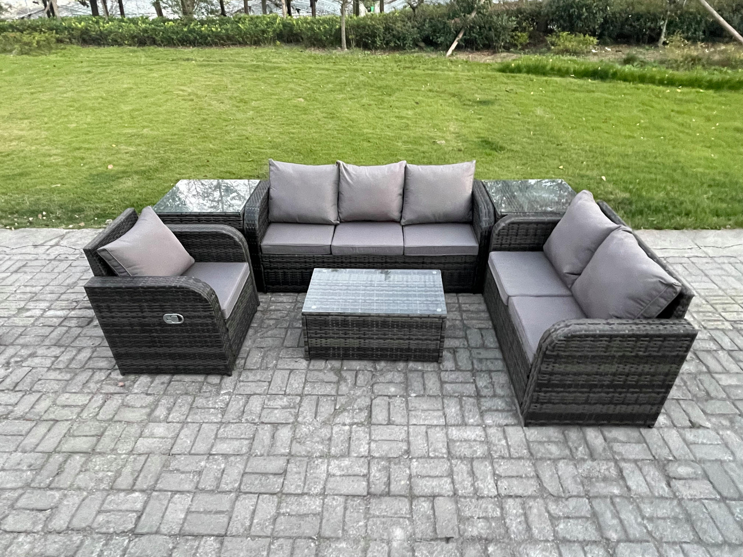 GARTENSET Polyrattan Dunkelgrau 6-Sitzer - Dunkelgrau/Grau, Glas/Kunststoff - Fimous
