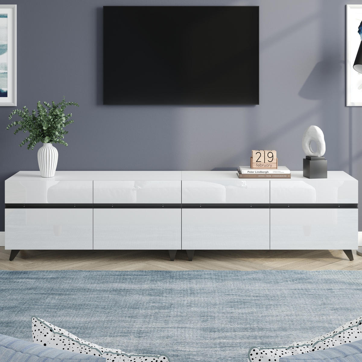 TV-ELEMENT180X40X49CM MDF Hochglanz-Weiß Lowboard für 80-Zoll-Fernseher - Weiß, Holz (55.98/12.98/102.41cm) - Raelunyi