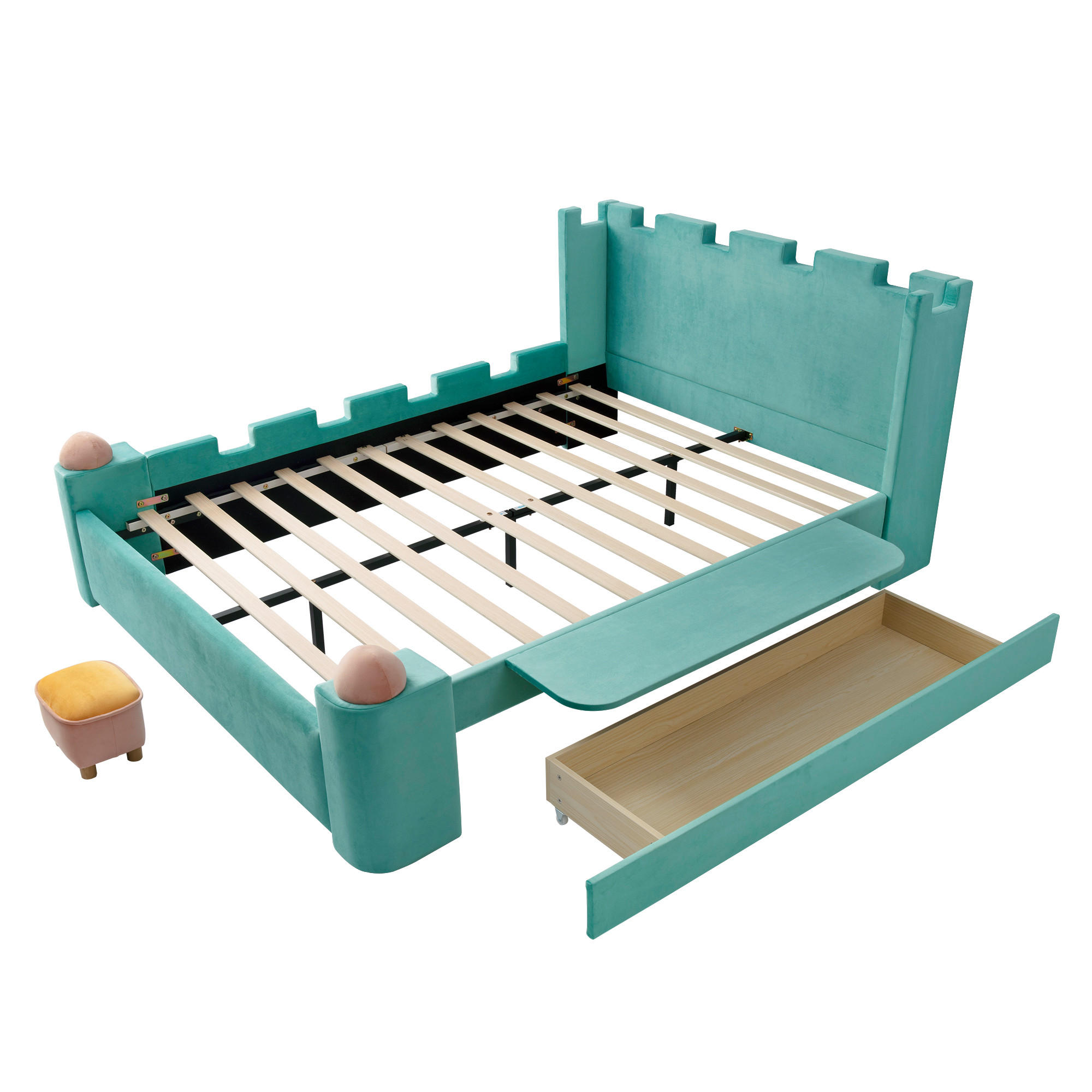 KINDERBETT 140/200 cm DE-32717 Burg-Design mit Schublade und Ablage Blaugrün - Grün, Holz (140/200cm) - ComfortXL