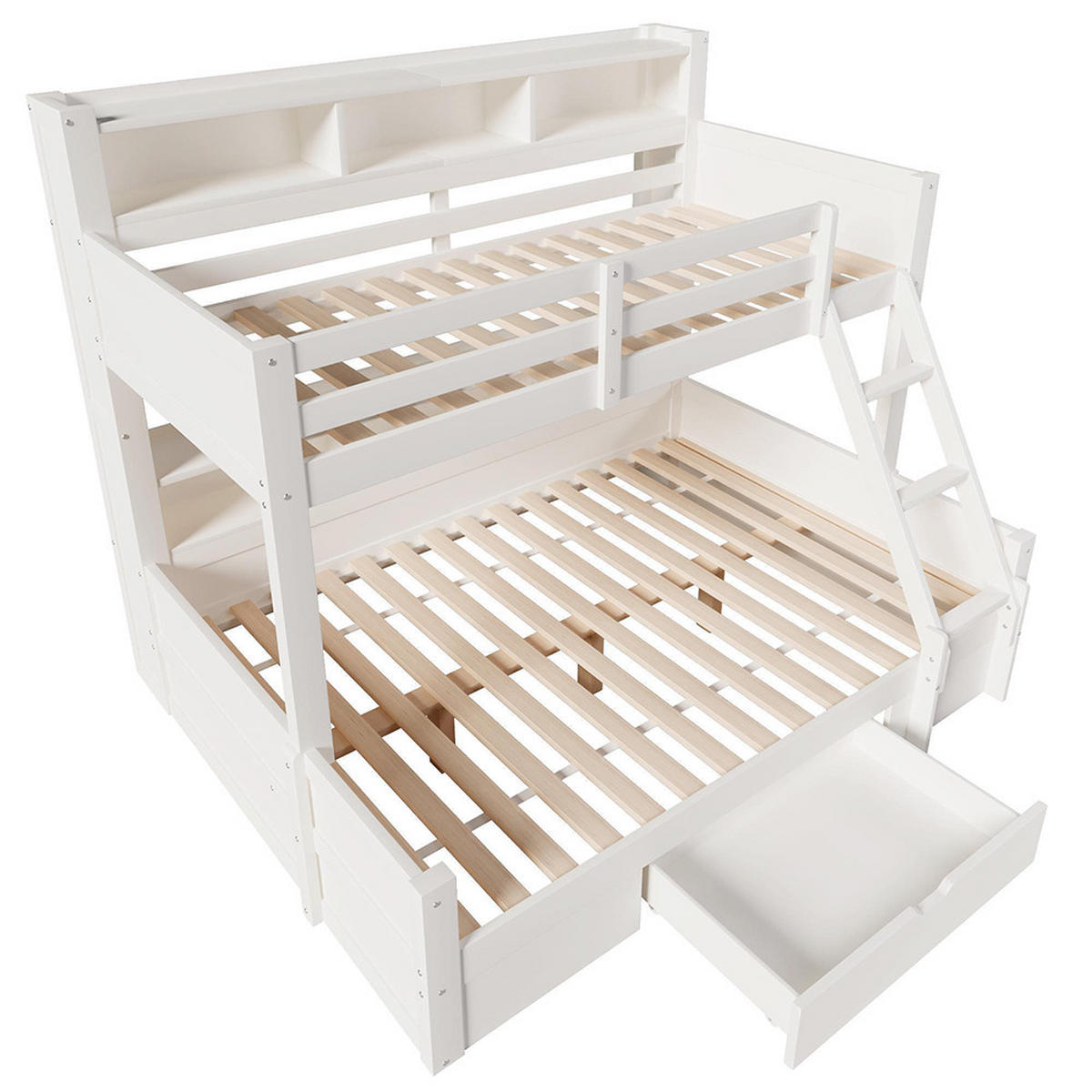 ETAGENBETT 90x200cm+140x200cm, Leiterposition optional, Weiß - Weiß, Holz (90/200cm) - KOMHTOM