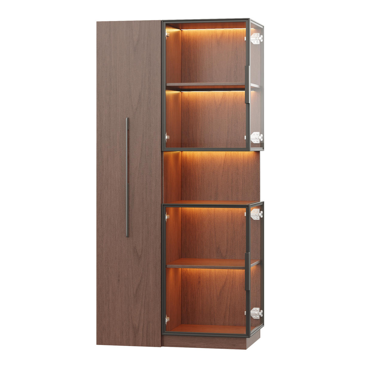 VITRINE 70/38/160 cm aus MDF und Glas mit LED-Beleuchtung und ausziehbaren Seitenregalen Walnussfarben - Walnussfarben, Holzwerkstoff (70/160/38cm) - Modenvie