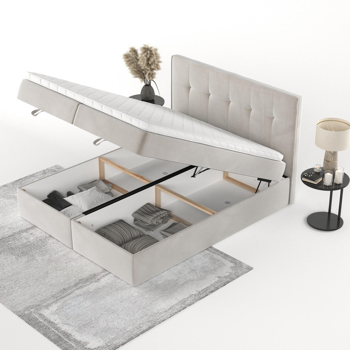 BOXBETT Tivra 160/200 cm Hellbeige im Paros Stoff - Beige/Schwarz, Holz/Holzwerkstoff (160/200cm) - AltaBeds