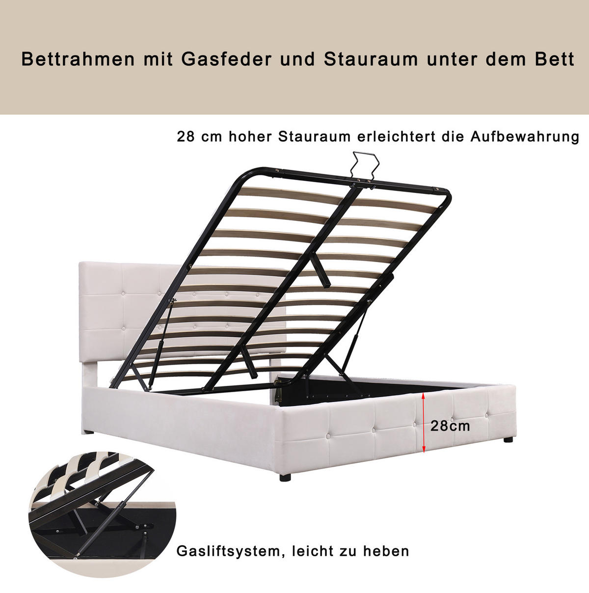 POLSTERBETT 90/200 cm aus MDF und Sperrholz mit Leinenbezug LED-Beleuchtung und Stauraum Beige - Beige, Holzwerkstoff (90/200cm) - Modenvie