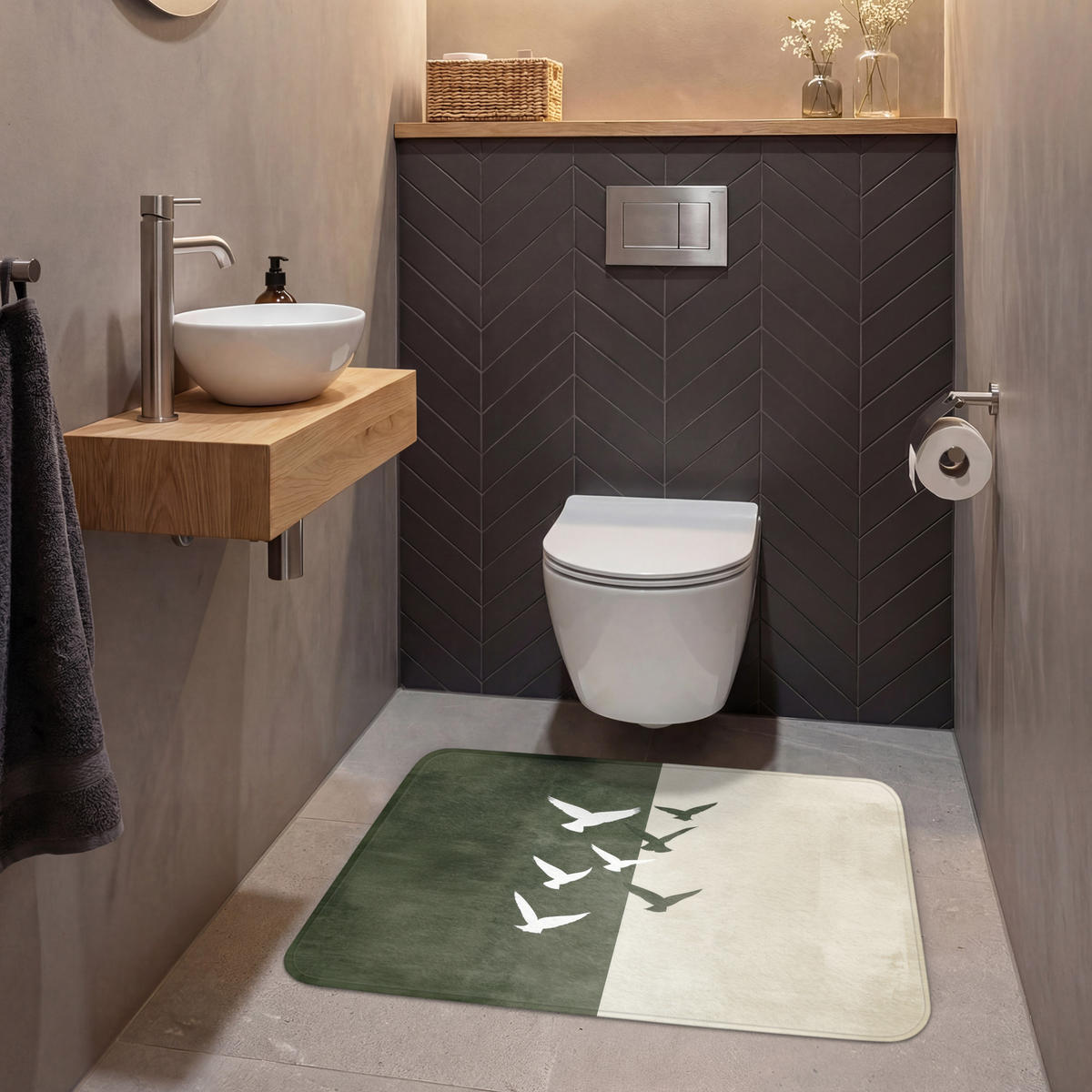 WC PŘEDLOŽKA Japandi - Pták - Zelený 90x60 cm - olivově zelená, textil/plast (90/1cm) - OnlyWow