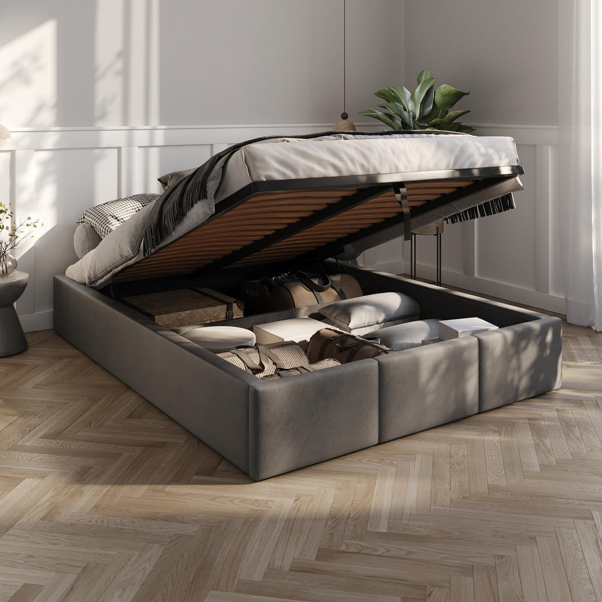 POLSTERBETT für Schlafzimmer Bett mit Stauraum Graphit 140x200cm - Graphitfarben, Holzwerkstoff/Textil (160/200cm) - Muralo