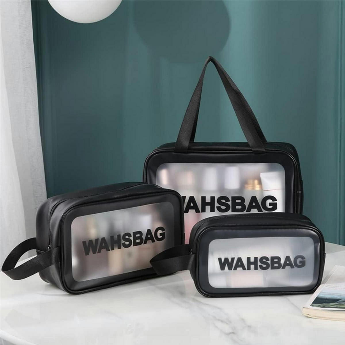KULTURTASCHEN Set 3-teilig Transparent Wasserdicht Schwarz - Transparent, Kunststoff (14/12/22cm)
