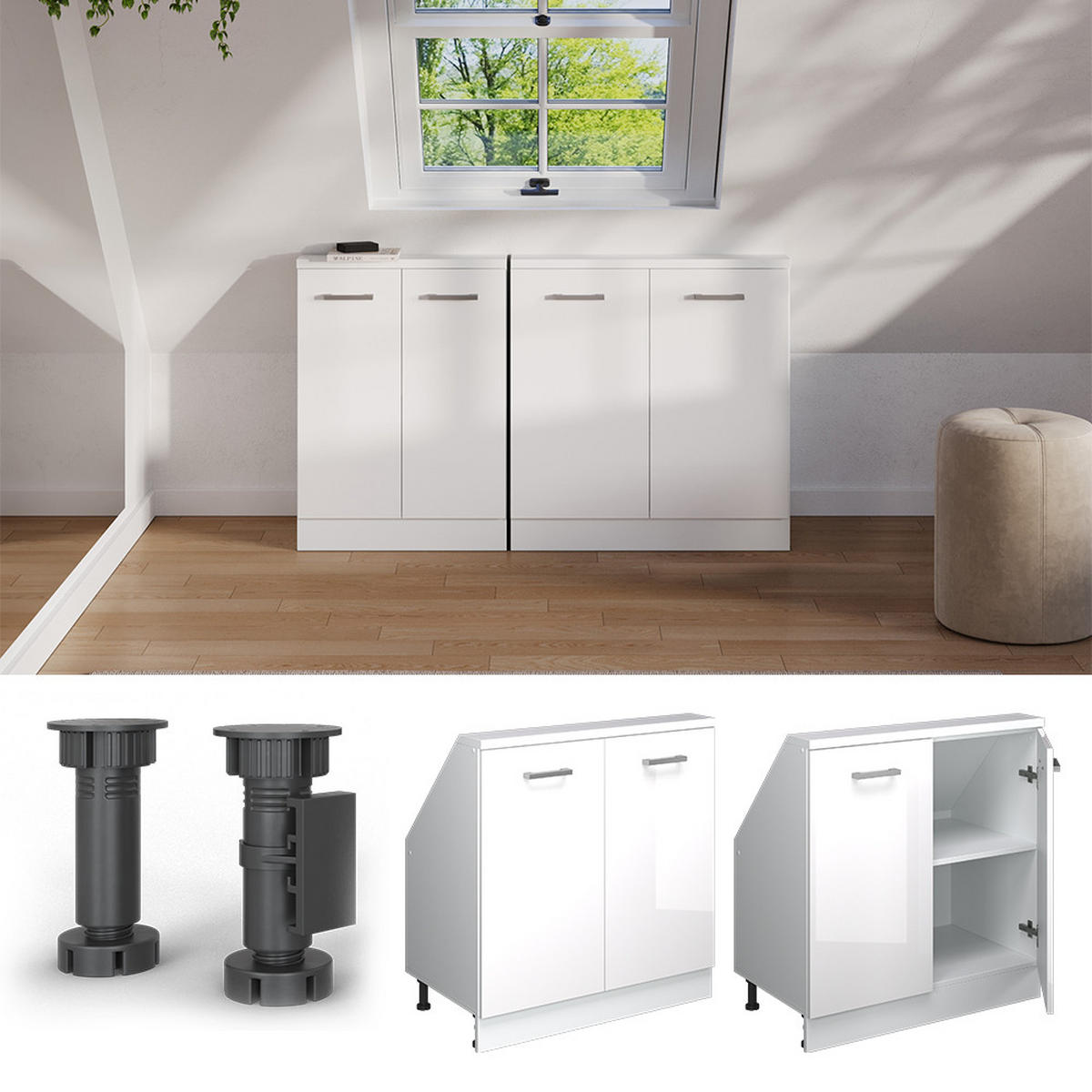 KUCHYŇSKÁ SKŘÍŇKA POD ŠIKMOU STŘECHU R-Line Bílá vysoký lesk/bílá - bílá/vysoce lesklá bílá, kompozitní dřevo (80/81.6/46cm) - Vicco