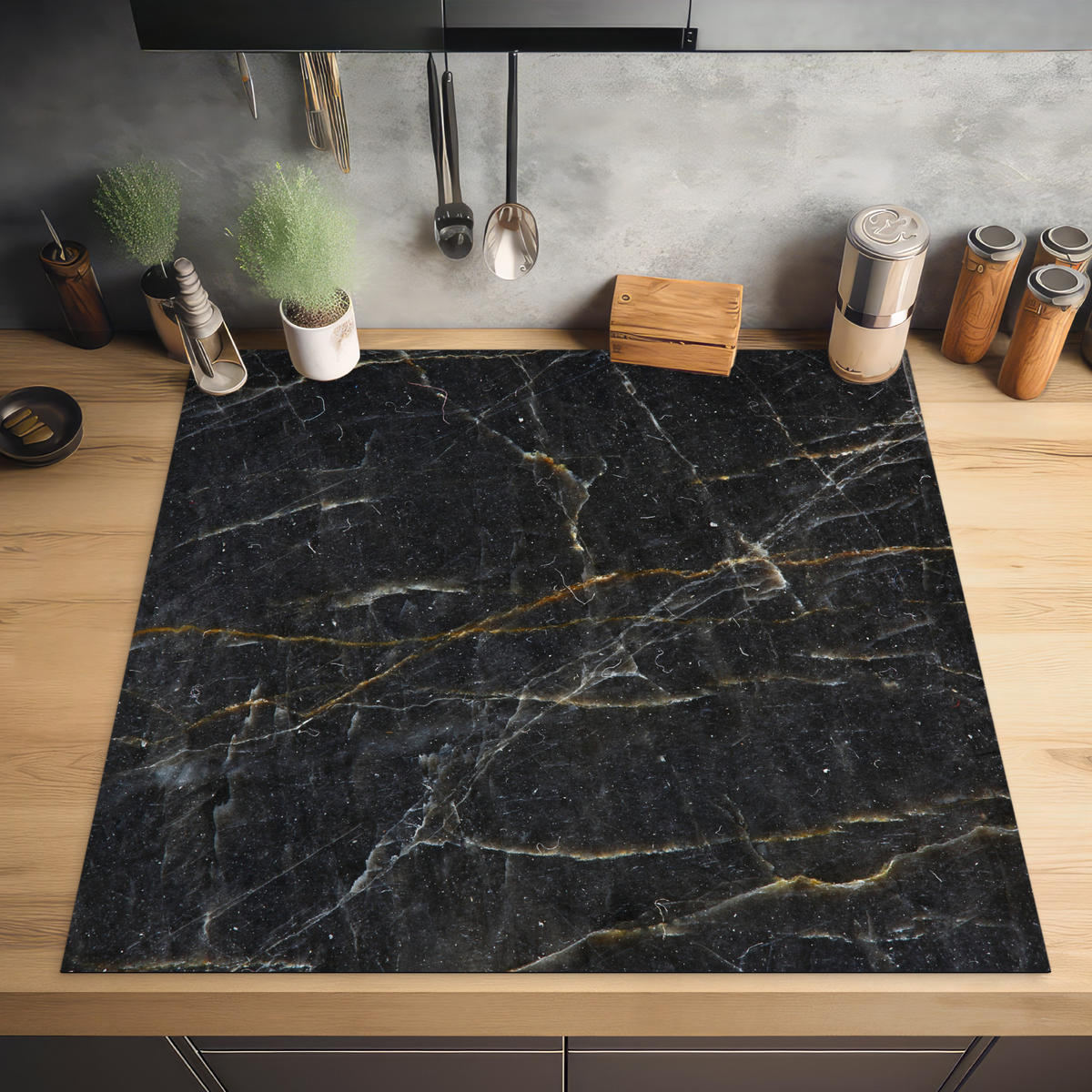 HERABDECKPLATTE - Marmor - Schwarz - Gold - Grau - Marmorstruktur - 58x59 - Goldfarben, Kunststoff (58/59/0.2cm) - MuchoWow