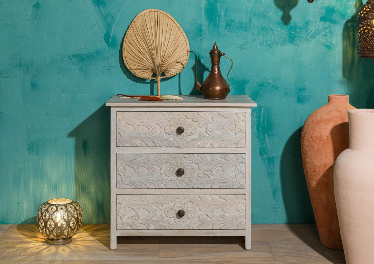 KOMMODE Mango 80x48x78 weiß geölt KASHMIR #107 - Weiß, Holz (80/78/48cm) - Massivmoebel24