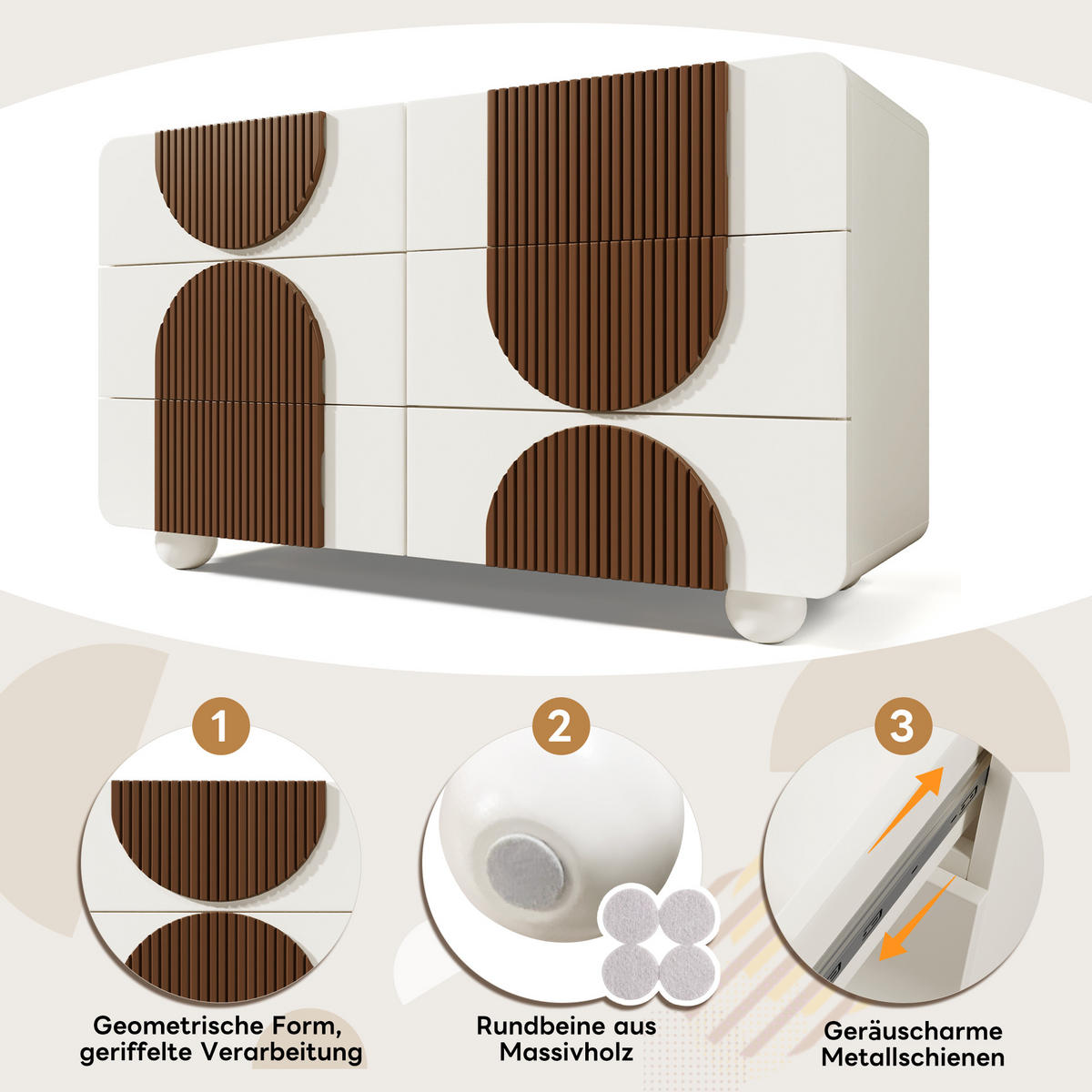 SIDEBOARD Weiß Holzleisten mit 6 Schubladen Geschwungenes Design 121×71 cm - Weiß, Holzwerkstoff (121/71/41cm) - Urban Meuble