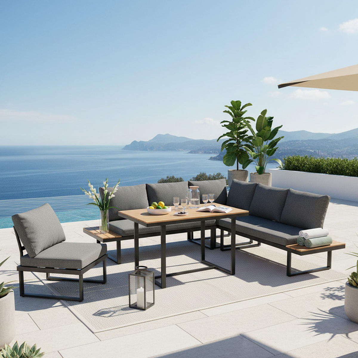 GARTEN-ESSGRUPPE GRAU mit 5-stufig verstellbarer Lehne und Kunststoff-Holz-Tisch - Grau, Textil - BLACKCUP