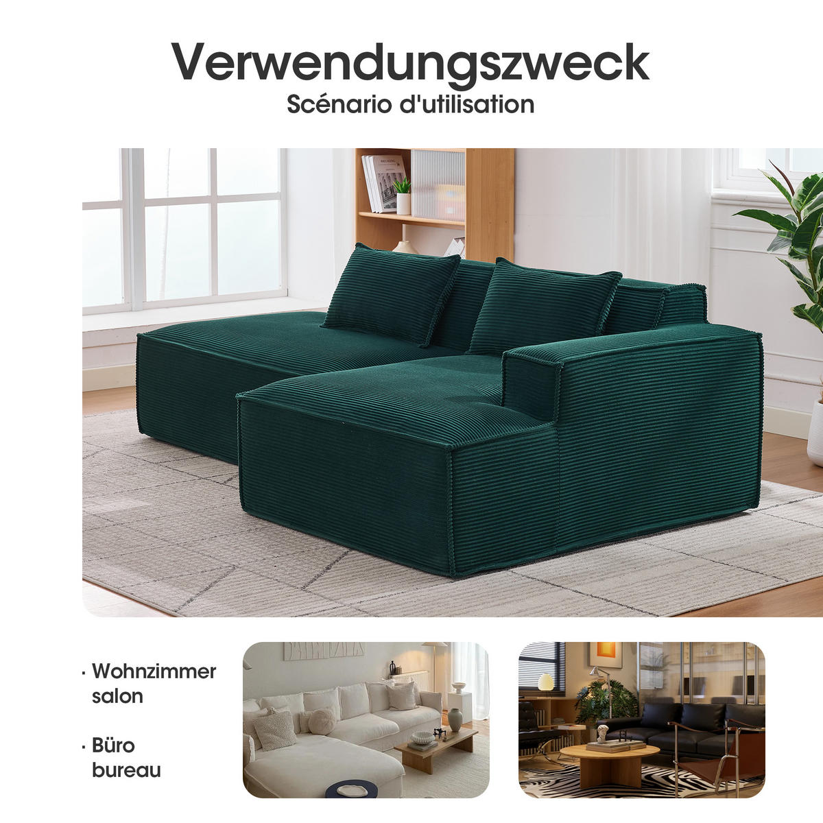 3-SITZER ECKSOFA Polyester Retrogrün mit 2 Kissen - Jadegrün, Textil (235/129cm) - WISHDOR