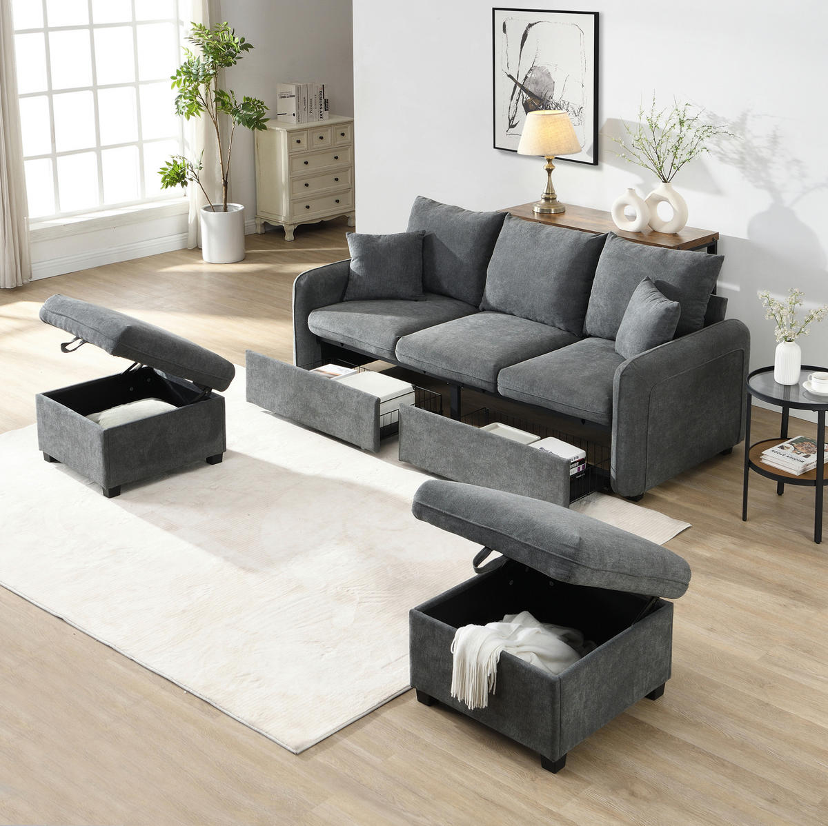 ECKSOFA U-Form Chenille mit Schlaffunktion und Stauraum 3-Sitzer und 2 Hocker 188/186/86 cm Dunkelgrau - Dunkelgrau, Kunststoff/Textil (186/188cm) - Redom