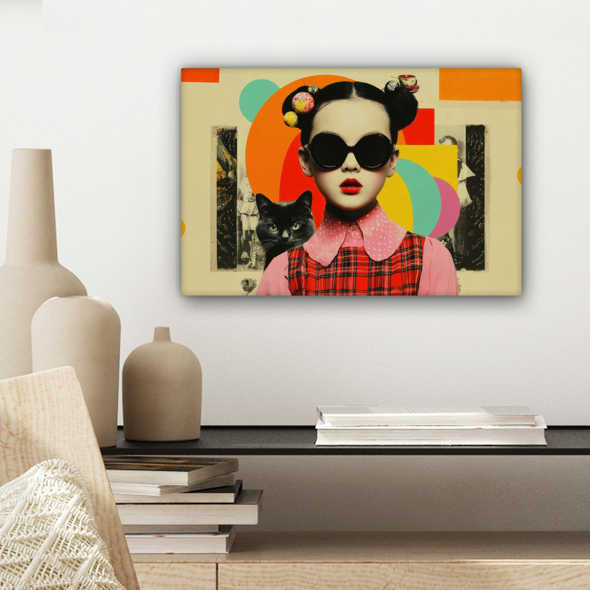 LEINWANDBILD Mädchen - Sonnenbrille - Katze - Retro Deko Schlafzimmer 30x20 cm - Beige, Textil (30/20cm) - MuchoWow