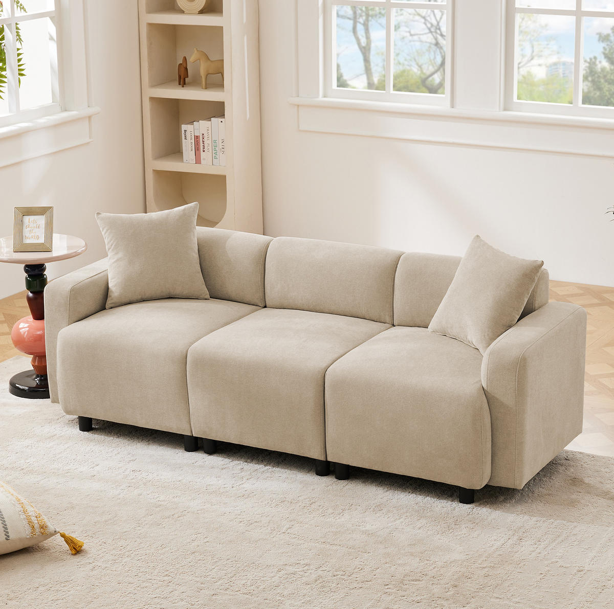 SOFA mit Chenille-Bezug Beige 67x211x71 cm, 3-Sitzer mit 2 Kissen - Beige, Textil (211/71/67cm) - IVMEU