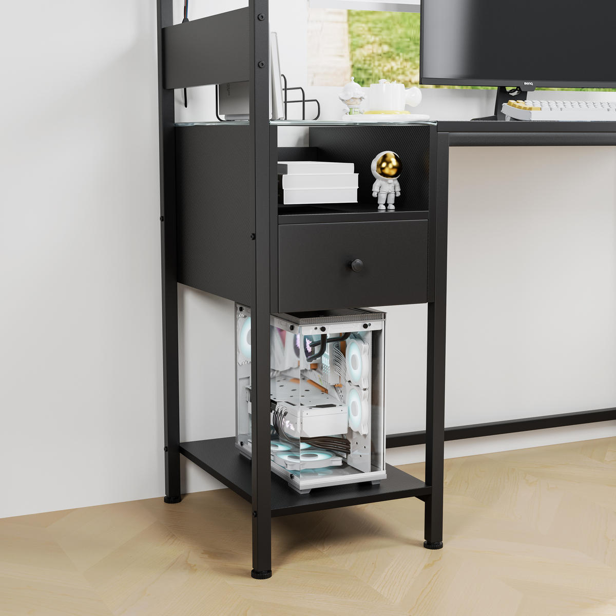COMPUTERTISCH Schwarz 122/51/110 cm mit Stromanschluss USB LED-Beleuchtung und Regal - Schwarz, Metall (50/122/115cm) - PANGIVO