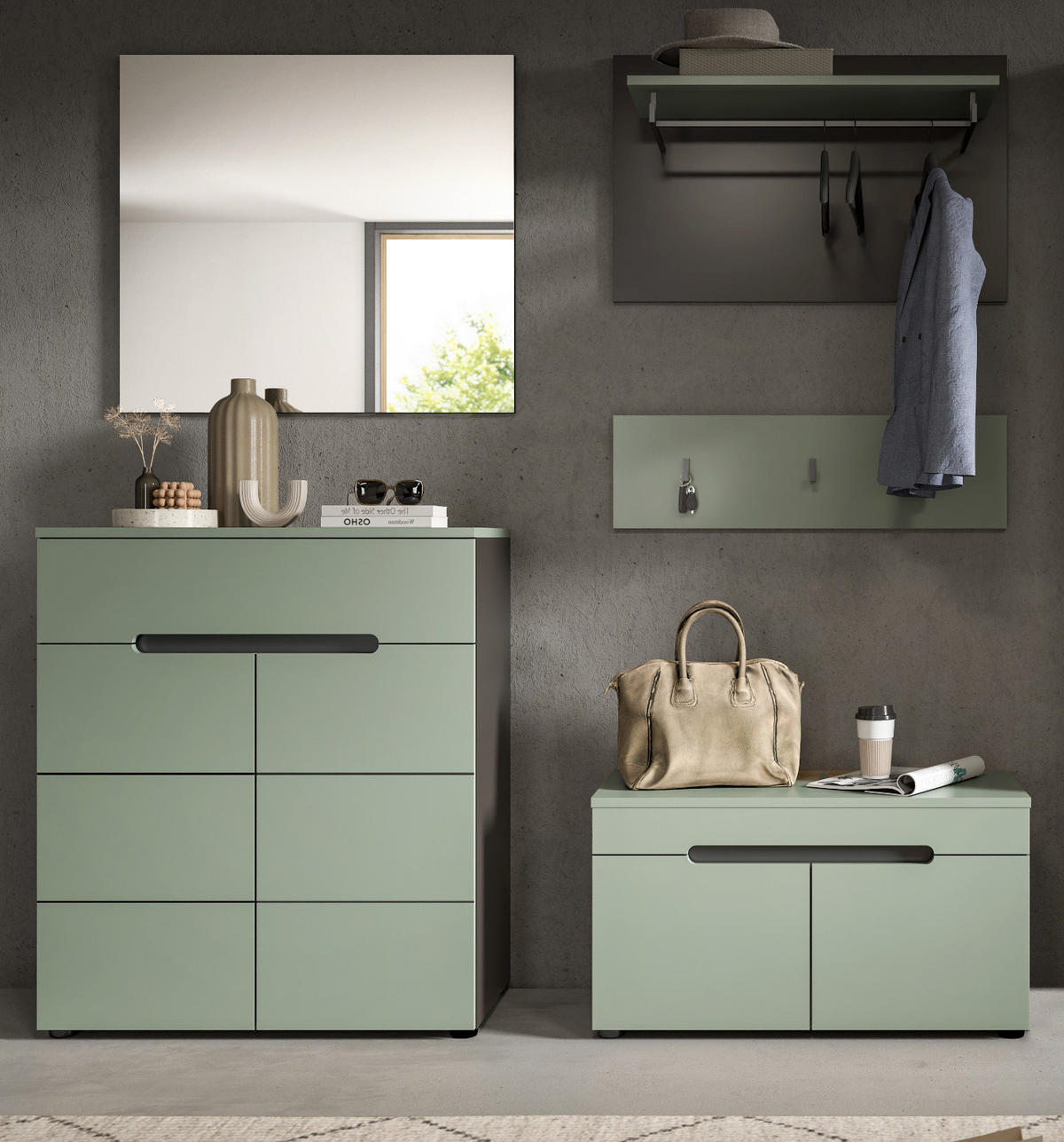 GARDEROBE SET 5-teilig in Salbei Grün und Basalt Grau 175 cm, Soft-Close Cooper - Salbeigrün/Schwarz, Glas/Holzwerkstoff (175/190/37cm) - Inn.Furn