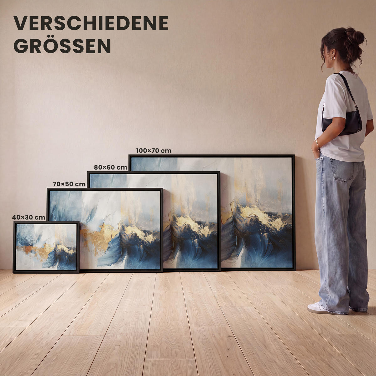 LEINWAND Bilder mit Rahmen - Gold - Blau - Aquarell - Kunst - Modern - 70x50 - Hellblau, Textil (70/50cm) - MuchoWow