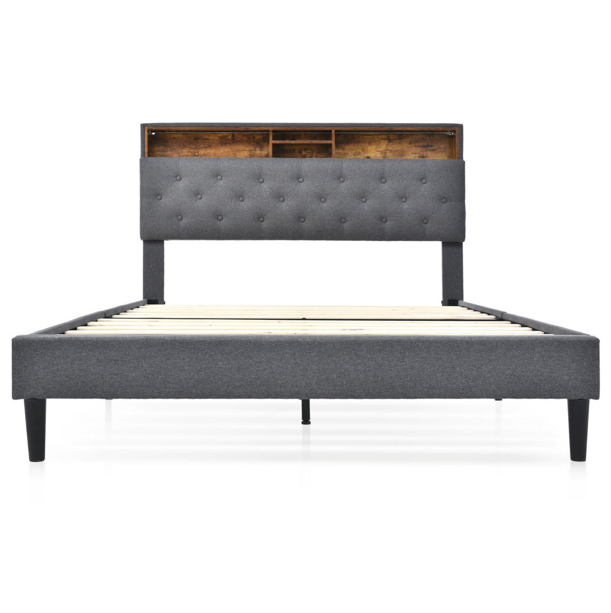 POLSTERBETT 140/200 cm Grau mit Stauraum-Kopfteil und LED-Beleuchtung Mit Matratze - Dunkelgrau, Holz (140/200cm) - OKWISH