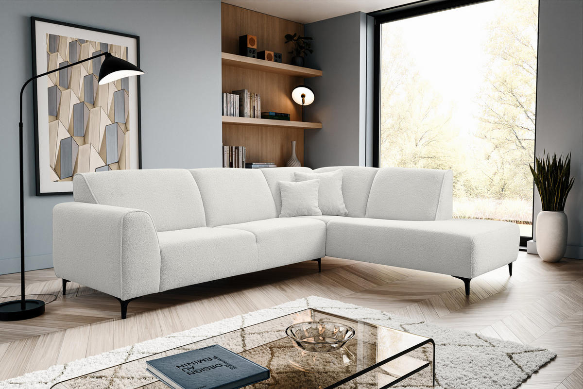 ECKSOFA Mula in L-Form, Coach Farbe: Weiß, Bouclé-Stoff, Ottomane Rechts - Weiß, Textil (274/210cm) - VENASI MÖBEL