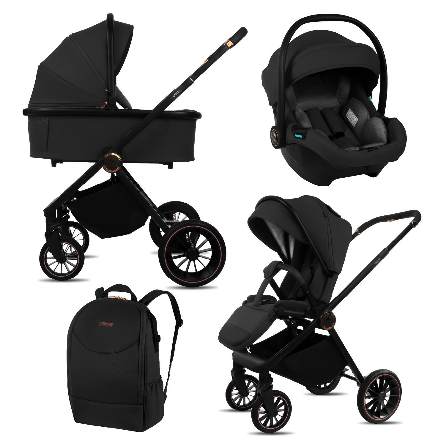 KINDERWAGEN Castor 3in1 Schwarz Babywanne, Buggy Sportsitz, Babyschale I-Size - Schwarz, Textil/Metall (58/99cm) - BabyLux