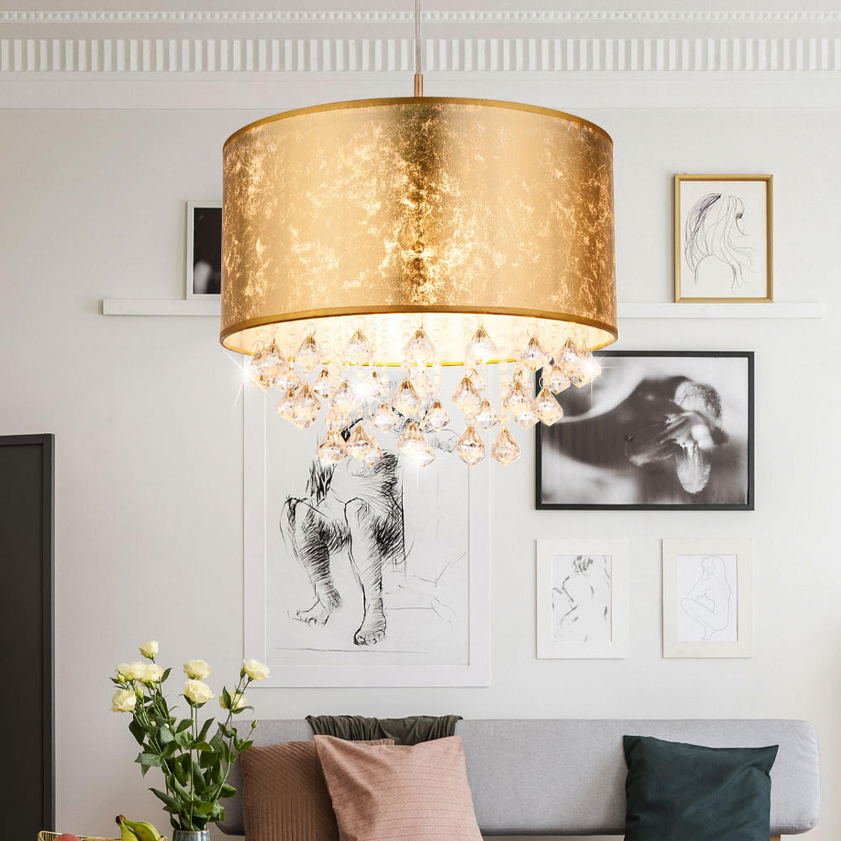 LED HÄNGELEUCHTE AMY Textil Gold - Goldfarben, Metall (40/40/140cm) - Globo Lighting