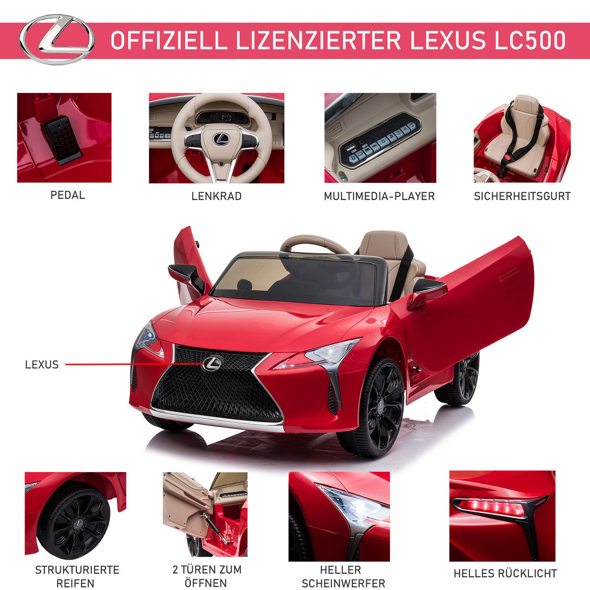 KINDERAUTO von Lexus Kinderfahrzeug Elektroauto mit MP3 Licht Musik Rot - Rot, Kunststoff (106/63/44cm) - HOMCOM