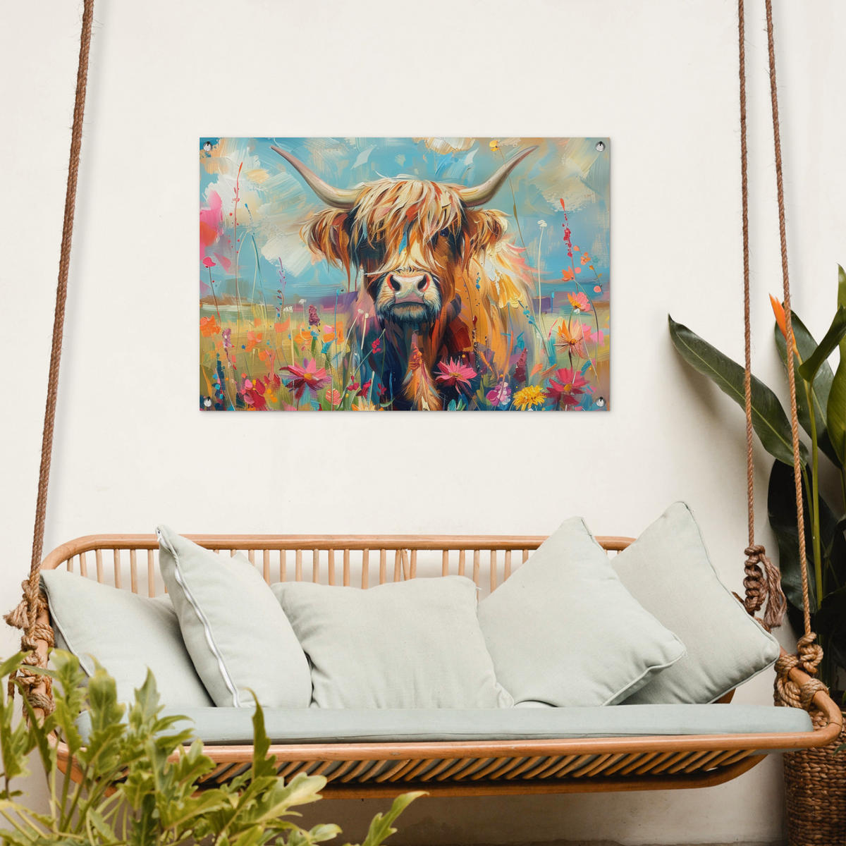 ZAHRADNÍ PLAKÁT Skotský horal - Příroda - Barevné - Květiny 90x60 cm - světle modrá, plast (90/60/0.2cm) - OnlyWow