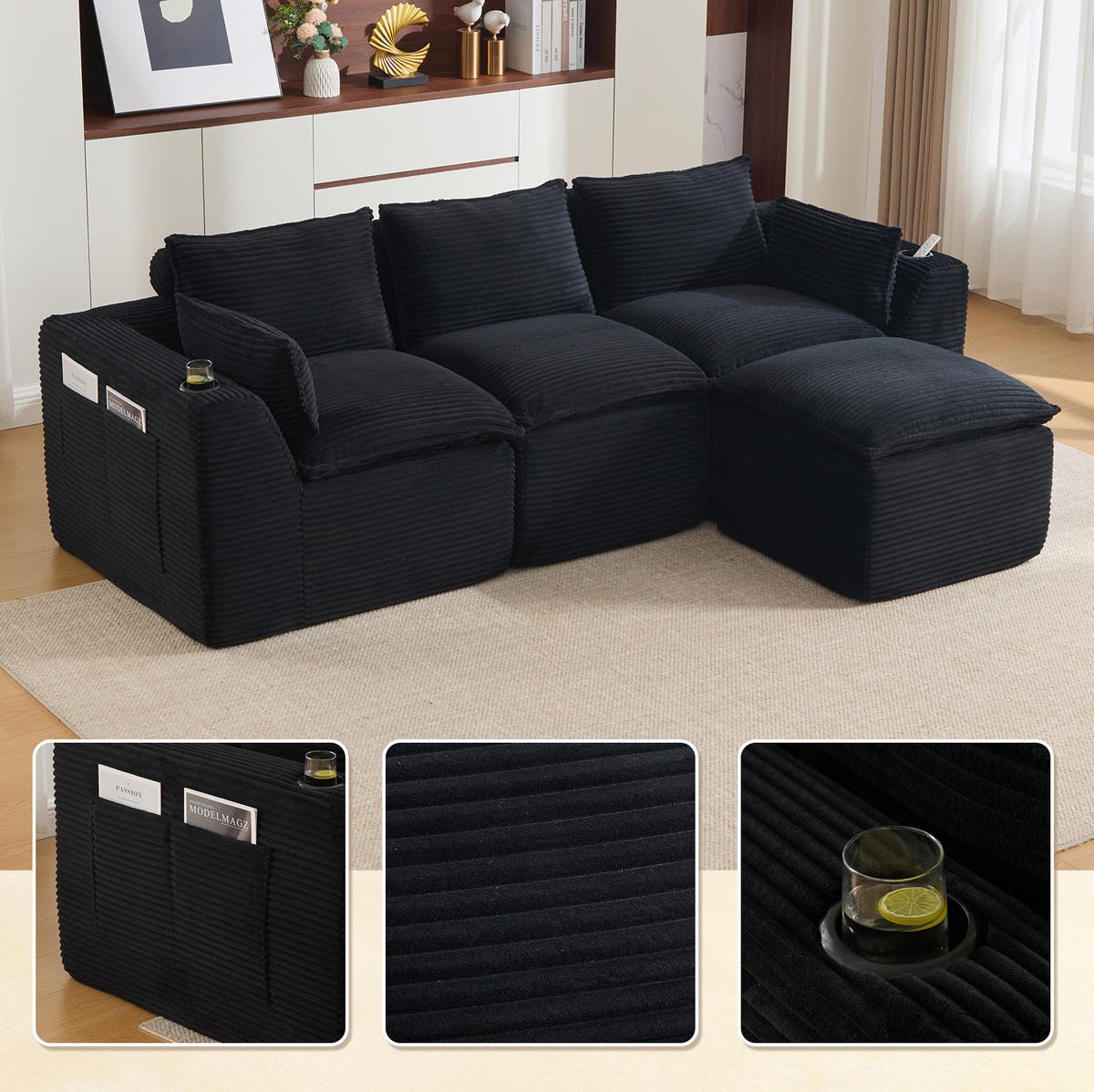 ECKSOFA 256/161/75 cm schwarz aus Cord mit Kissen und Seitentaschen - Schwarz, Textil (161/256cm) - OKWISH