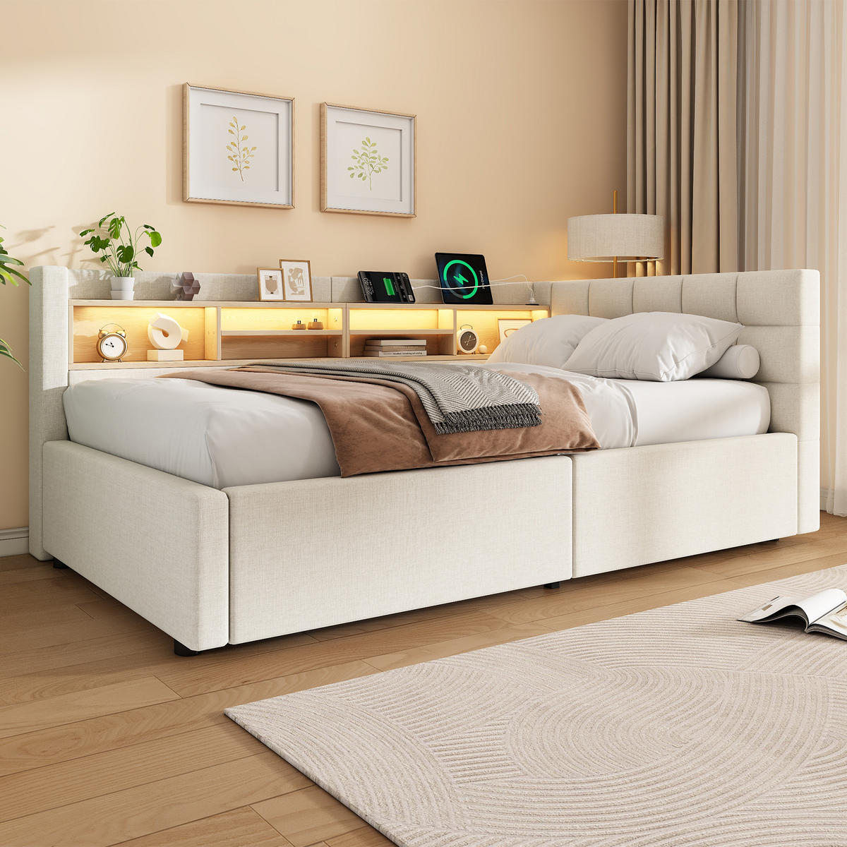 TAGESBETT 90x200cm Schlafsofa Hydraulik LED USB Beige - Beige, Naturmaterialien (90/200cm) - FLIEKS