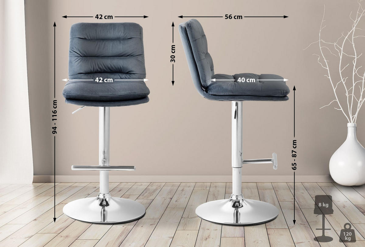 BARHOCKER Samt dunkelgrau - Chromfarben/Dunkelgrau, Textil/Metall (42/94/56cm) - CLP