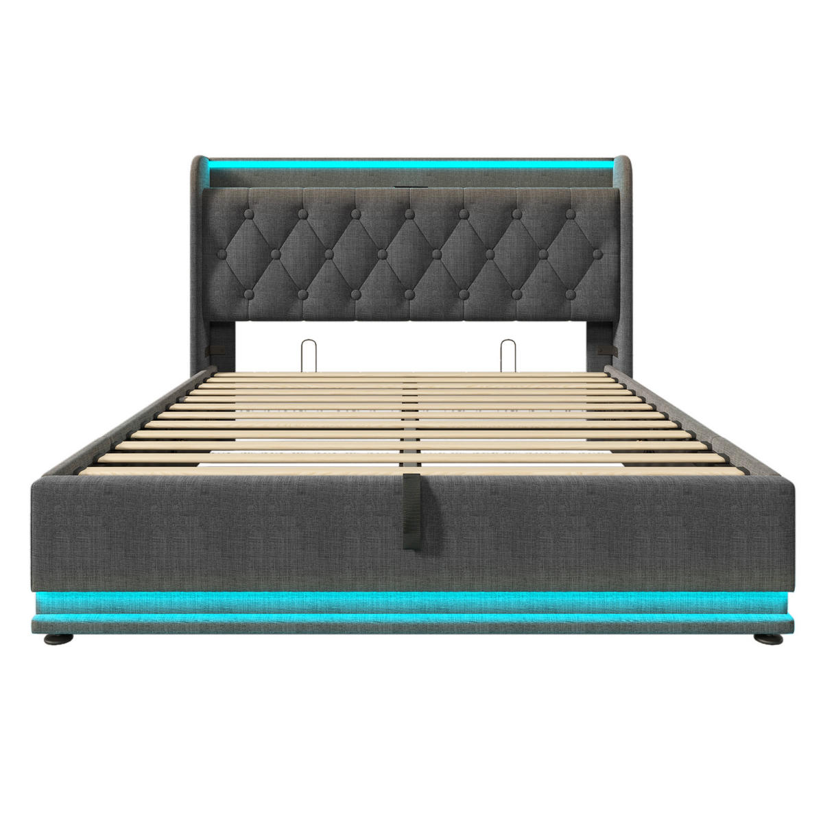 POLSTERBETT aus Leinen 140x200 cm Grau mit Matratze, LED-Beleuchtung, USB- und Typ-C-Anschluss - Grau, Textil (140/200cm) - IVMEU