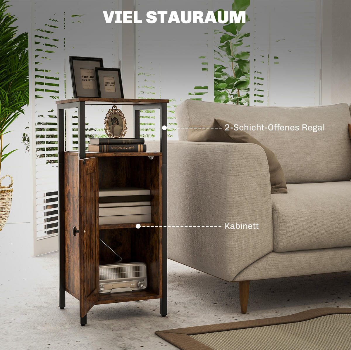 BEISTELLTISCH 34/30/80 cm mit verstellbarem Regal und Schrank im Industrial-Stil, Sperrholz, Braun - Braun, Holzwerkstoff (34/30/80cm) - Redom