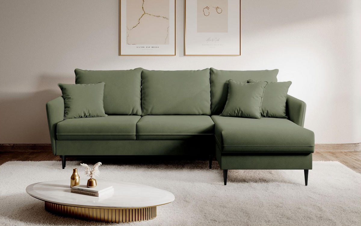 ECKSOFA Volio Salbeigrün Samt - Schwarz/Hellgrün, Textil/Metall (223/145cm) - Selsey