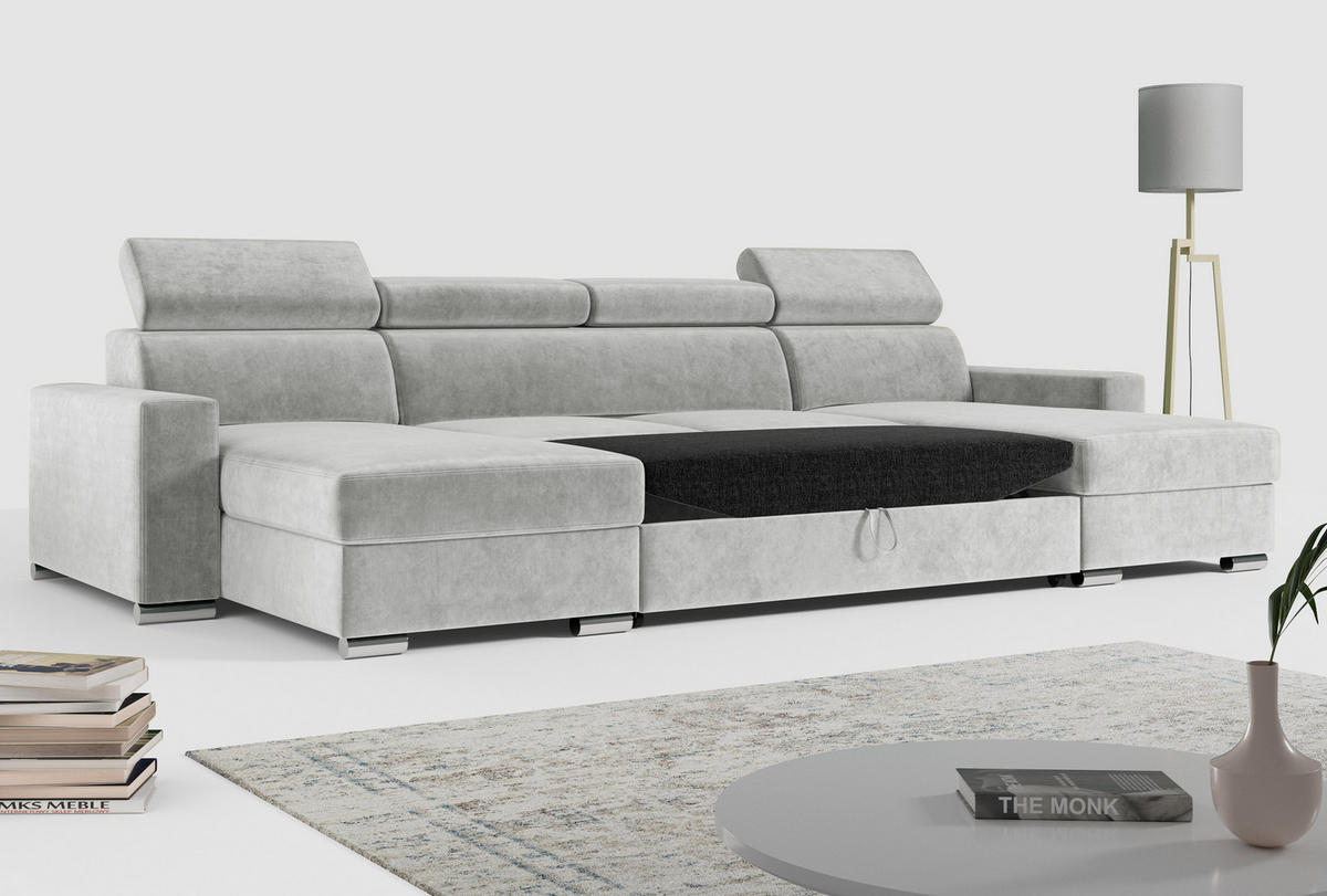 WOHNLANDSCHAFT FOX U Grau - Velvet - Silberfarben/Grau, Kunststoff/Textil (306/98/168cm) - MKS
