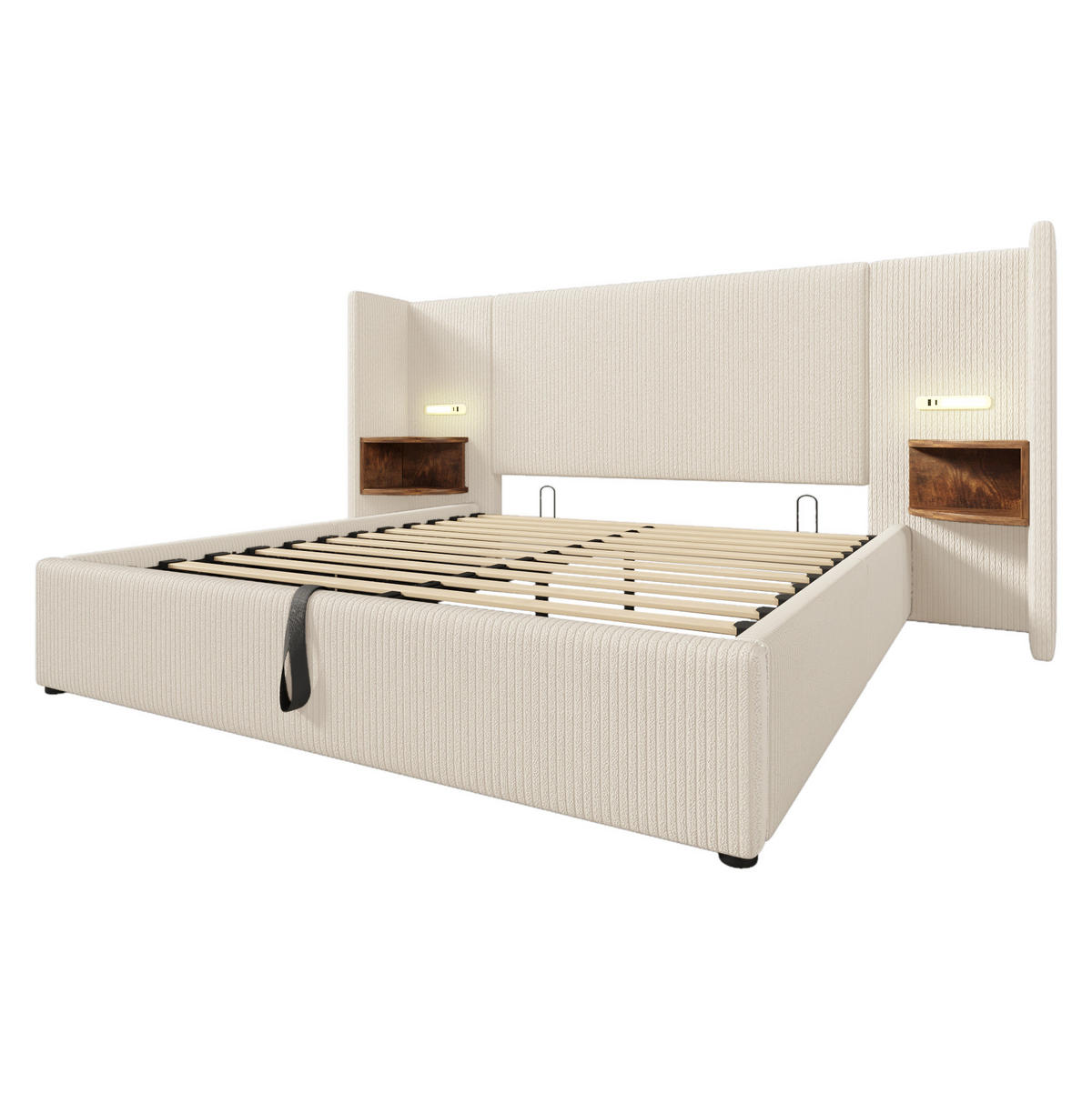 POLSTERBETT aus Cordstoff 160x200 cm Beige-Weiß mit Stauraum, Leselicht und USB-/Type-C-Anschlüssen - Beige, Textil (160/200cm) - IVMEU