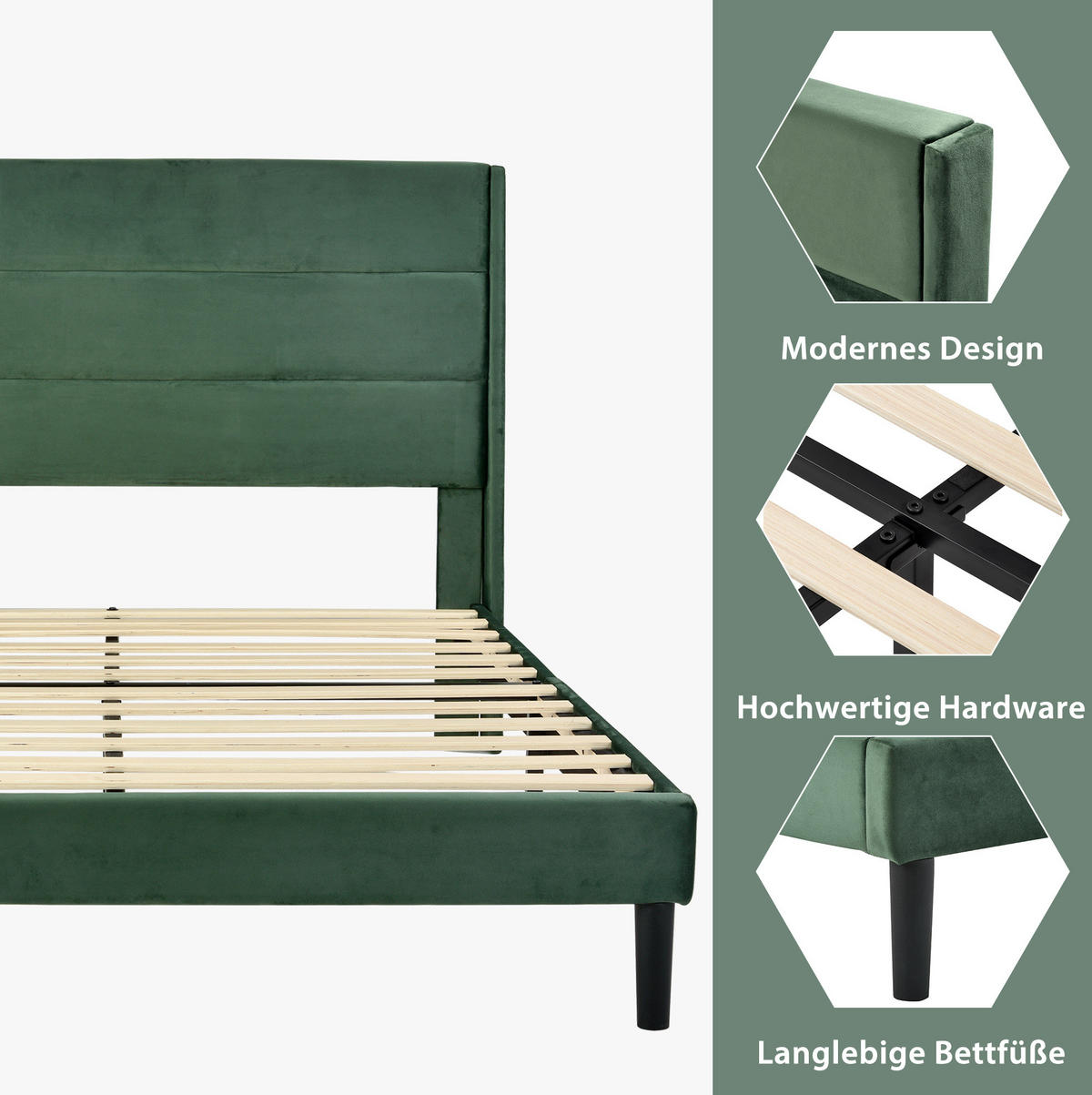 POLSTERBETT 140/200 cm Dunkelgrün aus Samt mit Lattenrost - Grün, Textil (140/200cm) - OKMYHOME