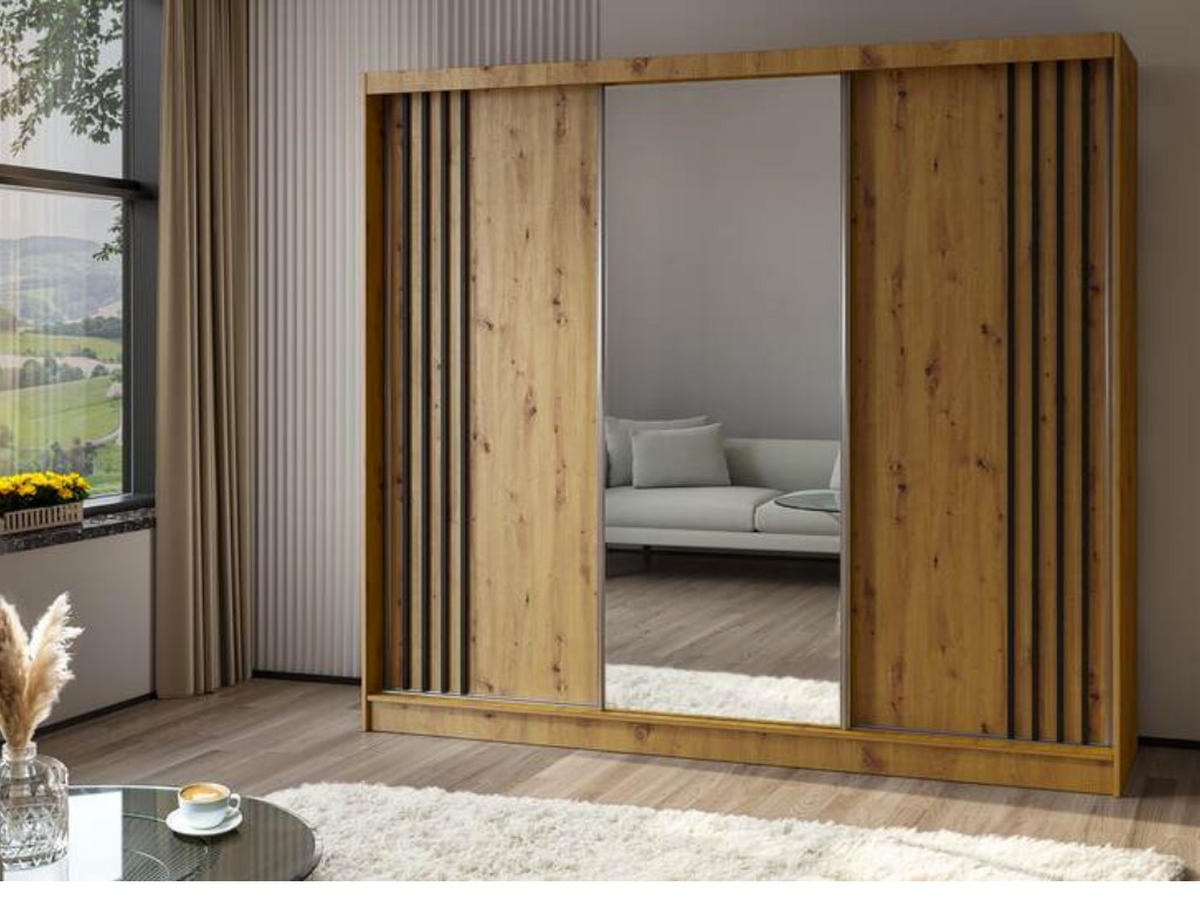 SCHWEBETÜRENSCHRANK Neli 240 cm mit Lamellen und Spiegel 3-türig, Artisan, Artisan, Lamelle schwarz - Schwarz/Braun, Kunststoff (240/216/61cm) - Margaret Hadas24
