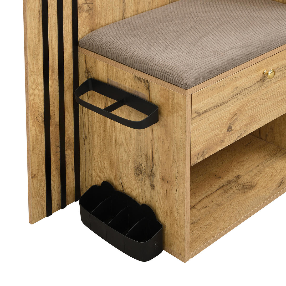 GARDEROBE-SET in Naturfarben Garderobenschrank mit Spiegel und Kissen für Eingangsbereich und Flur, B115/T37/H185 cm - Naturfarben, Glas/Holzwerkstoff (115/185/37cm) - STILVORA