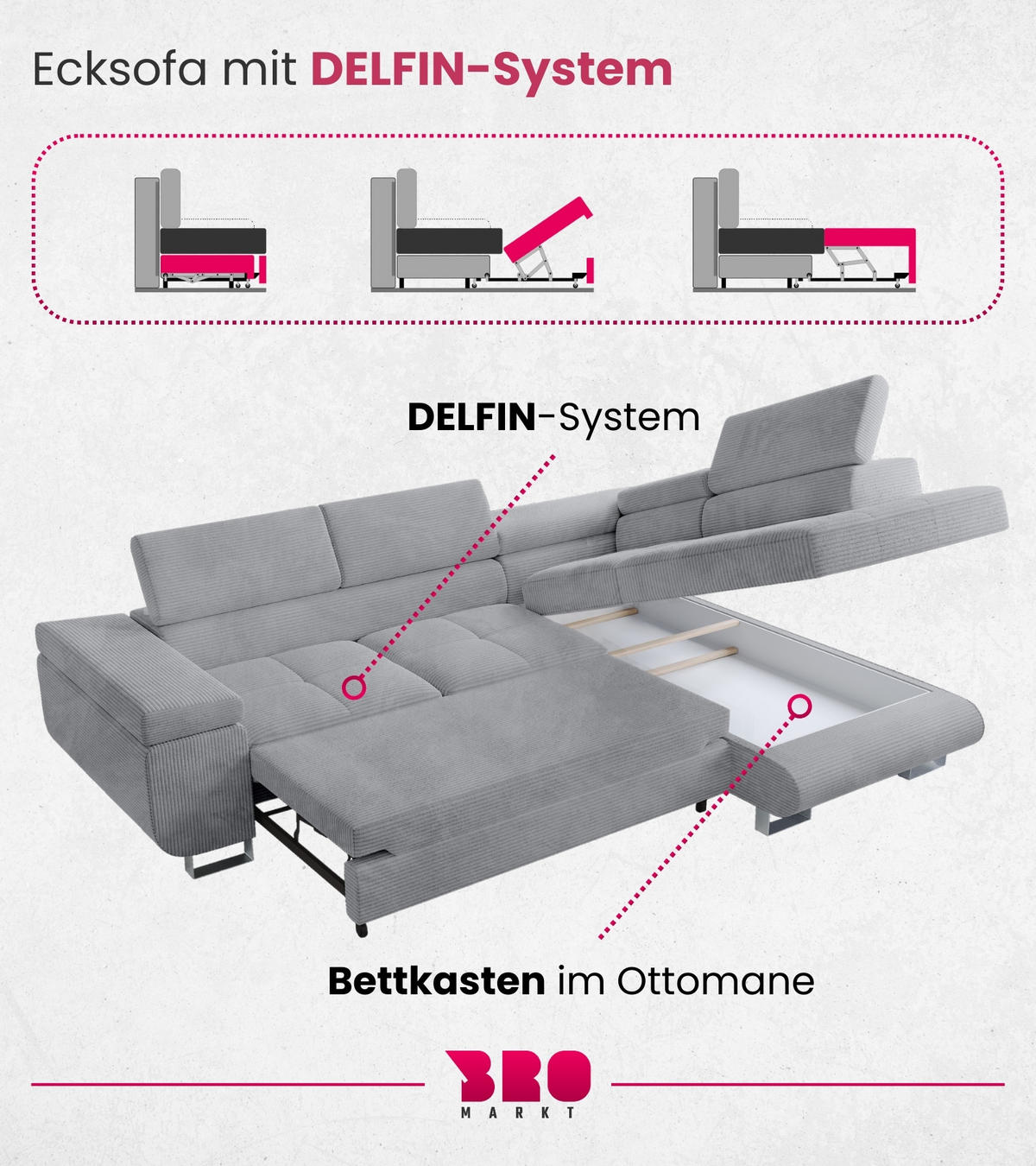 ECKSOFA Anton mit Schlaffunktion Grau Cord - Silberfarben/Hellgrau, Textil/Metall (142/275cm) - Bromarkt