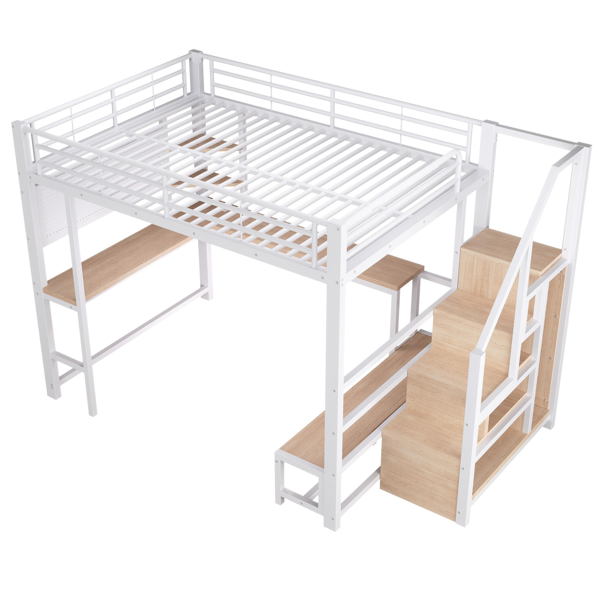 HOCHBETT 140/200 cm Weiß mit Schreibtisch, trapezförmiger Schrank und LED-Beleuchtung - Weiß, Metall (140/200cm) - Oxeza