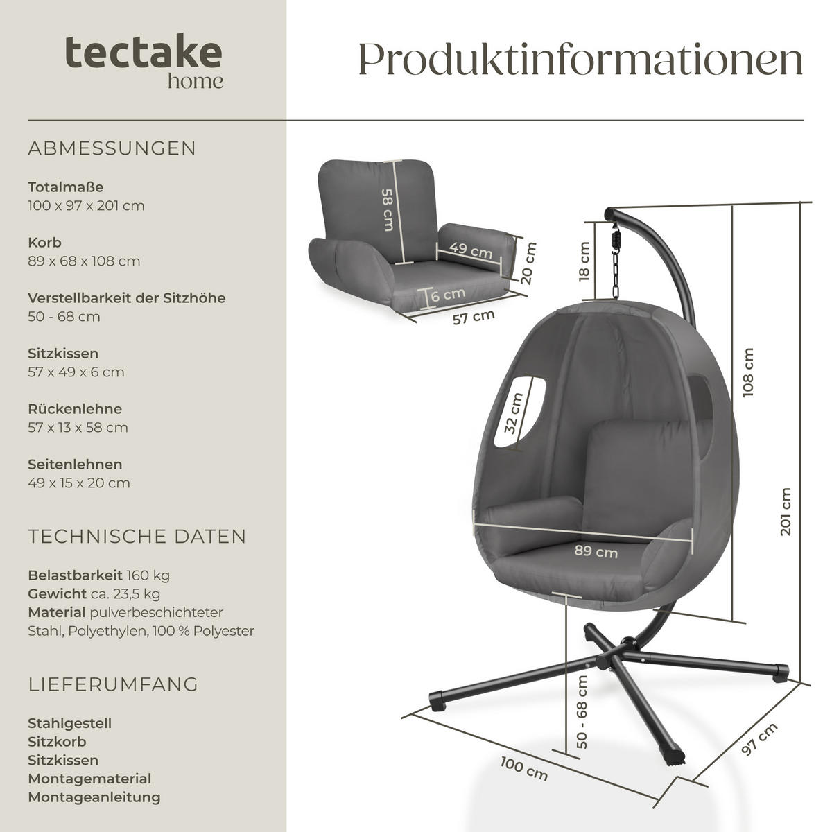HÄNGESESSEL Anika,inklusive Schutzhülle, 100 x 97 x 201 cm,anthrazit - Anthrazit, Kunststoff/Textil (100/201/97cm) - tectake