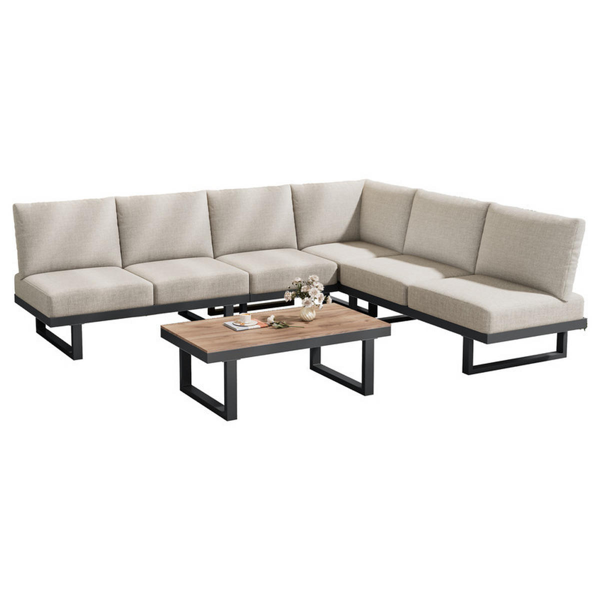 GARTENLOUNGESET GRAUBEIGE mit umwandelbarem Relaxbett und Couchtisch - Beige, Textil - BLACKCUP