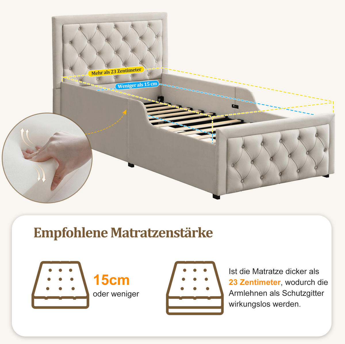 KINDERBETT 90/200 cm aus Samt mit hydraulischem Stauraum Beige - Beige, Holzwerkstoff (90/200cm) - Modenvie