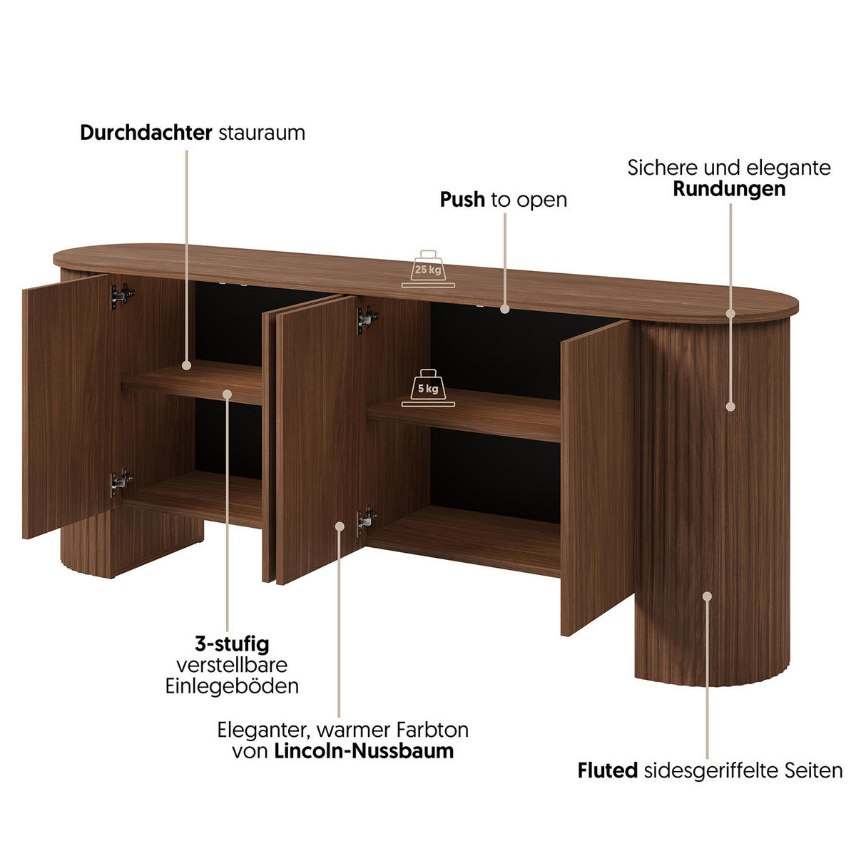 KOMODA Carlo s 1 dvířky a 3 zásuvkami, Push-To-Open, 200 cm, ořech - barva vlašského ořechu, kompozitní dřevo (200/80/45cm) - Beautysofa