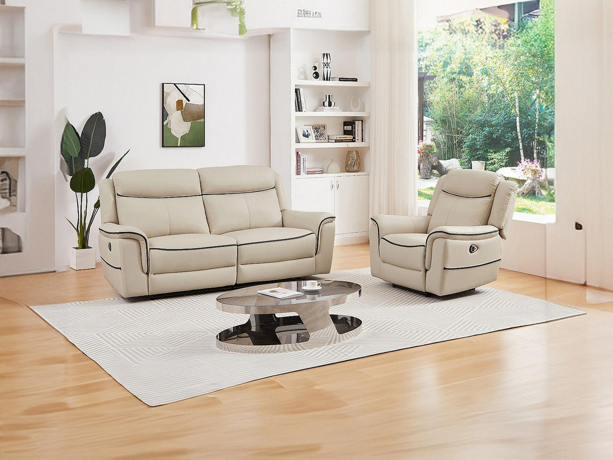 SOFAGARNITUR mit Relaxfunktion - 4 -Sitzer - Leder - beige - ADELIO - Beige, Leder (210/102/95cm) - Vente-Unique